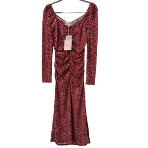 Charles Henry Ruched Midi Dress Red Micro Floral Slit Leg Women’s Size Small New